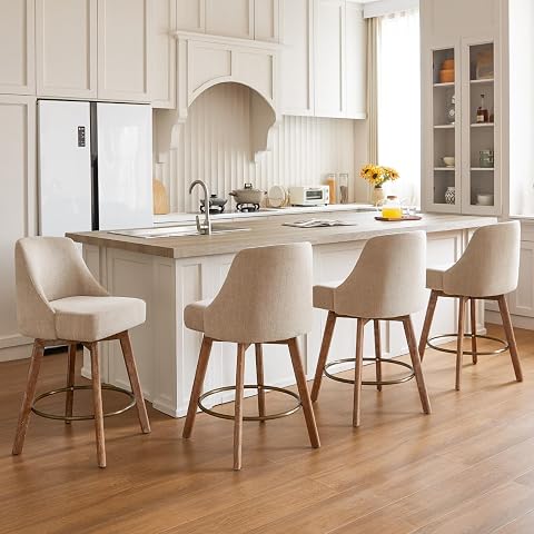 Counter Height Bar Stools, Sand-Colored Linen Fabric, Set of 4, 27" with Swivel 