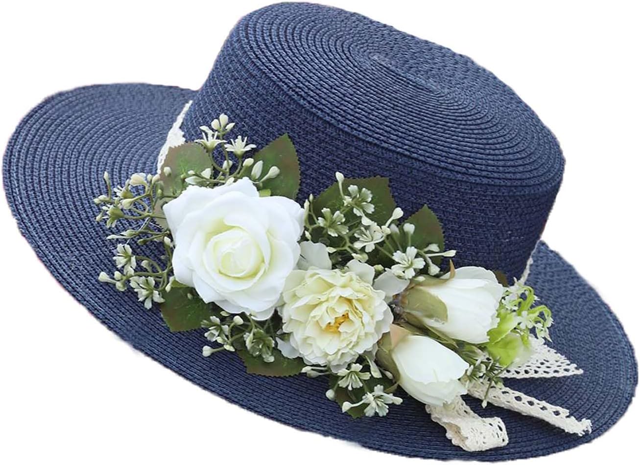 Women Straw Panama Hat Travel Beach Sun Hat Flower Decor sual Hat Flat-Topped Top Travel for Sun Brim Summer UV Hat
