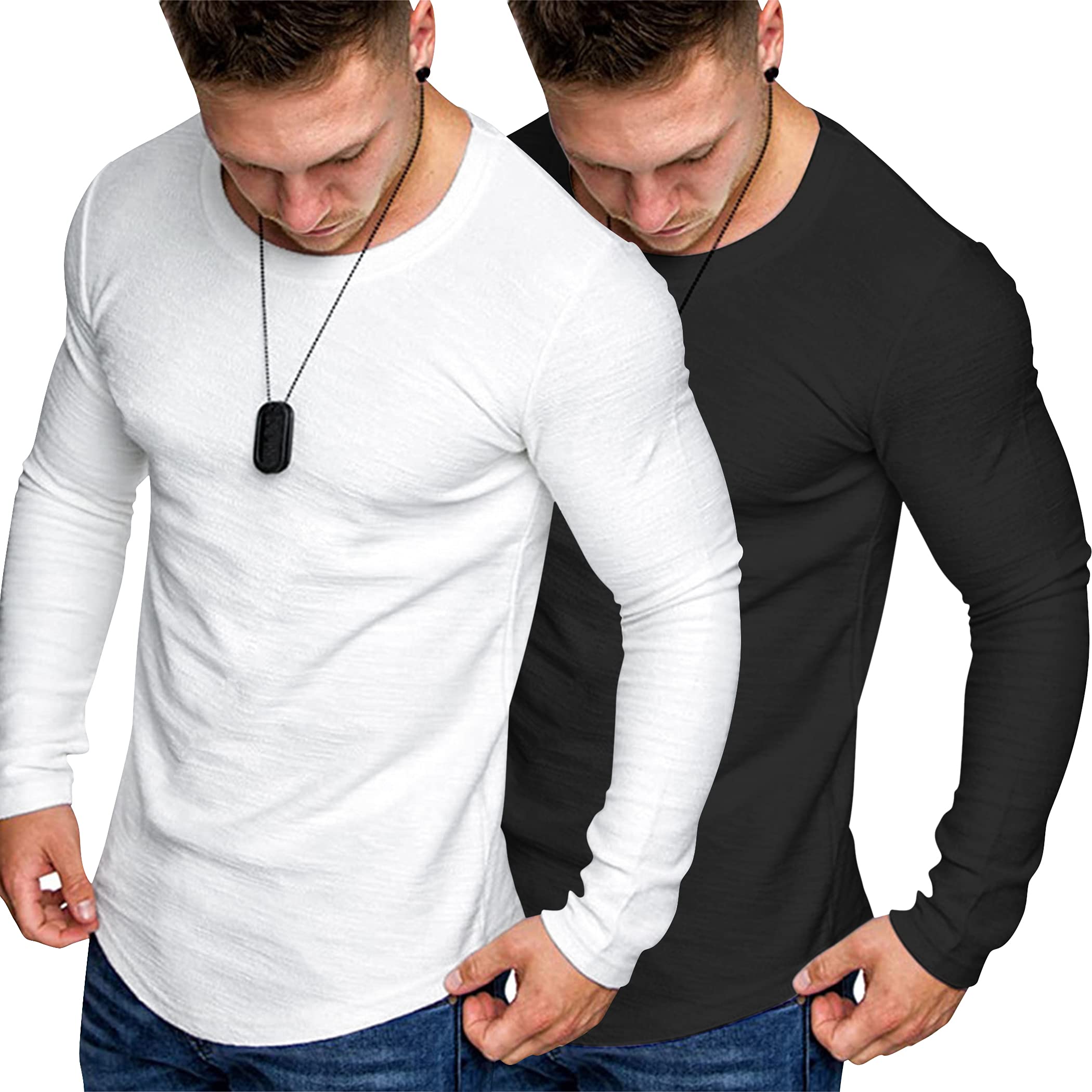 COOFANDYMen 2 Pack Muscle Fitted T Shirt Gym Workout Athletic Long Sleeves Tee