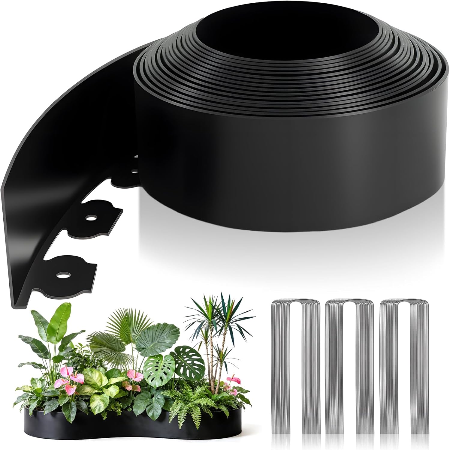 Joyhalo 1.5 in Tall 100ft Garden Edging Border Kit with 120pcs Metal Spikes, No-Dig Flexible Plastic Landscape Edging for Yard, Flower Bed, Lawn, Fence & Landscaping