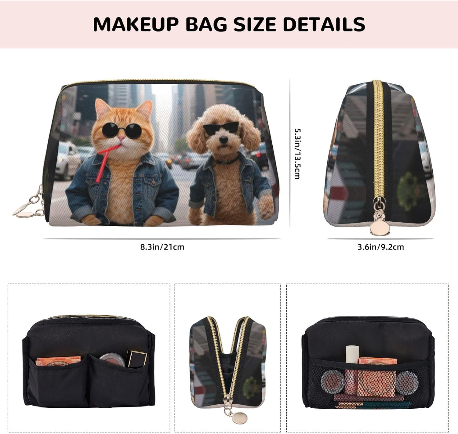PU Leather Makeup Bag Large Capacity Portable Travel Cosmetic Bags Organizer Waterproof Toiletry Bags Flat Open Make up Pouch Cool Cat and Dog Bathroom Bag for Women Gifts image 4