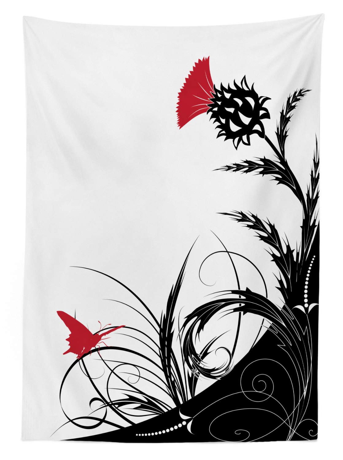 ABAKUHAUS Cardo Tovaglia, Floral farfalla Motif, Rettangolare per Sala da Pranzo e Cucina, 140 x 170 cm, Vermiglio bianco e nero