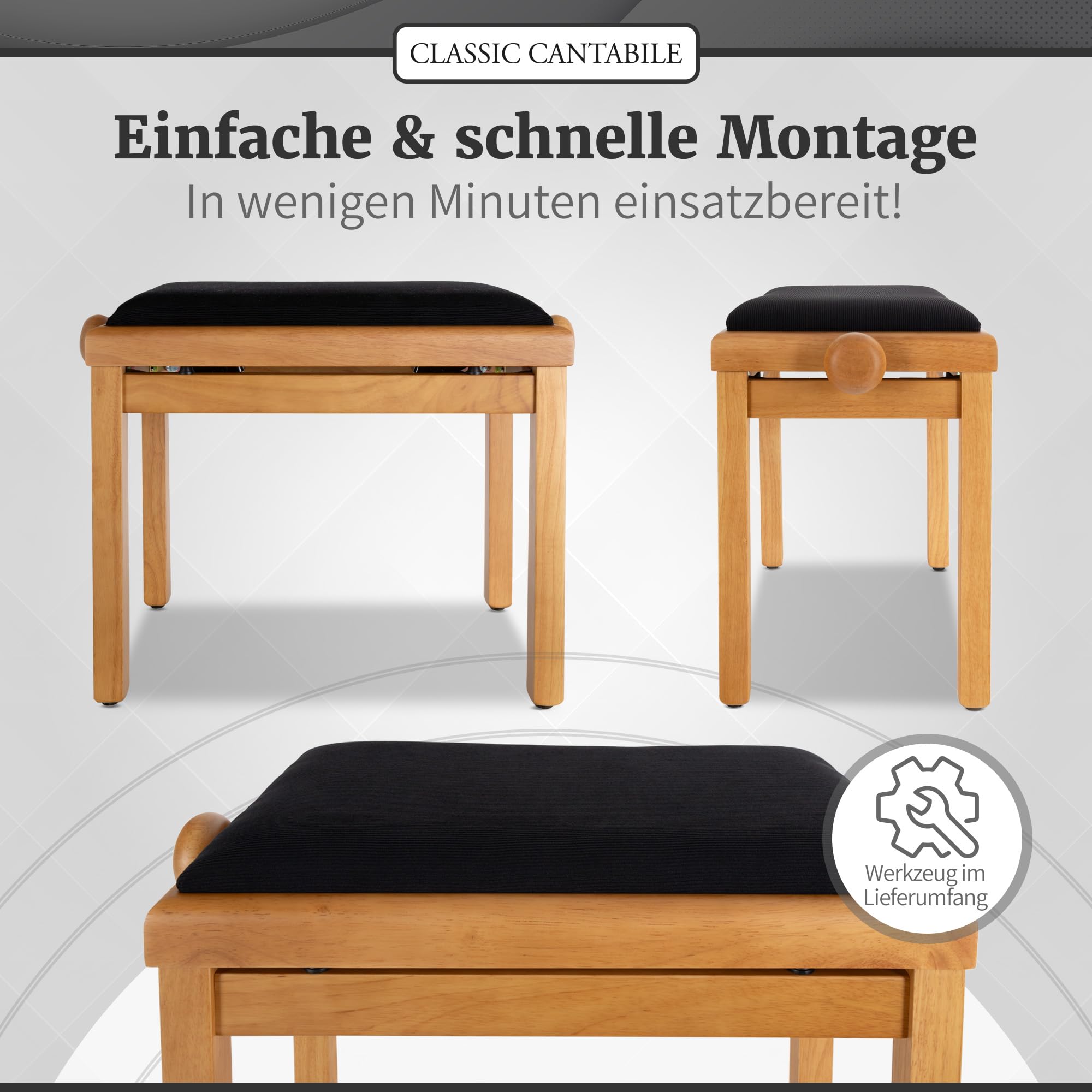 Classic Cantabile Pianobank Eiche-matt (Höhenverstellbar von 47-56cm, Spindelmechanik, Sitzfläche 55 x 32cm, schwarzer Velourbezug, stabil)