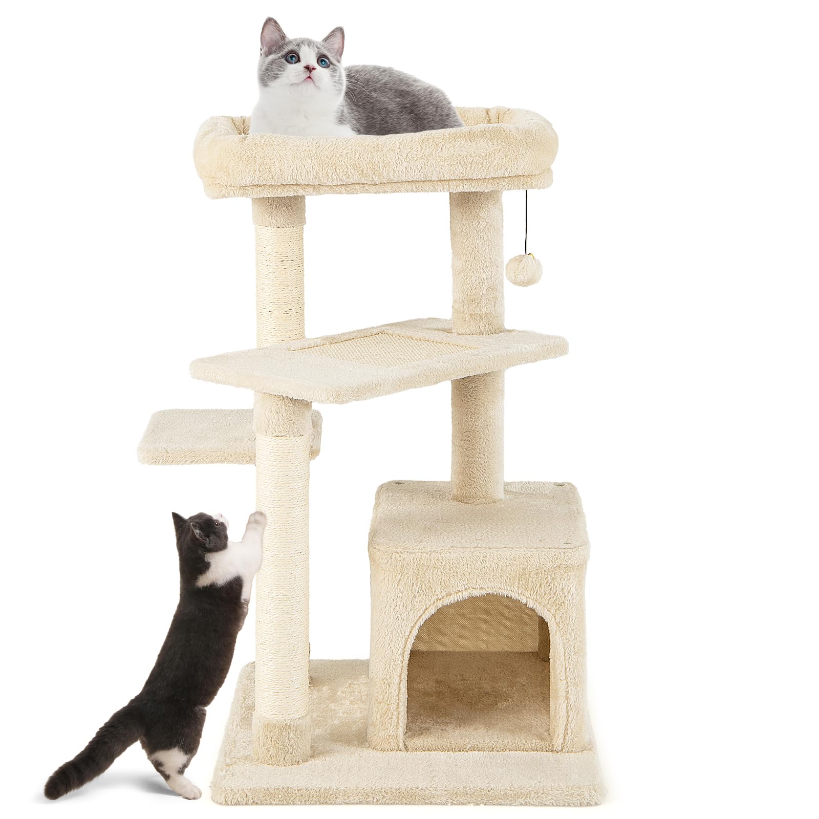 COSTWAY Kratzbaum Klein, 85cm, Katzenbaum mit Katzenhöhle & weicher Sitzfläche & Ball & Sisalpfosten, Katzenkratzbaum Holz, Katzen Katzenmöbel Kletterbaum, Aktivitätsbaum Spielbaum (Beige)
