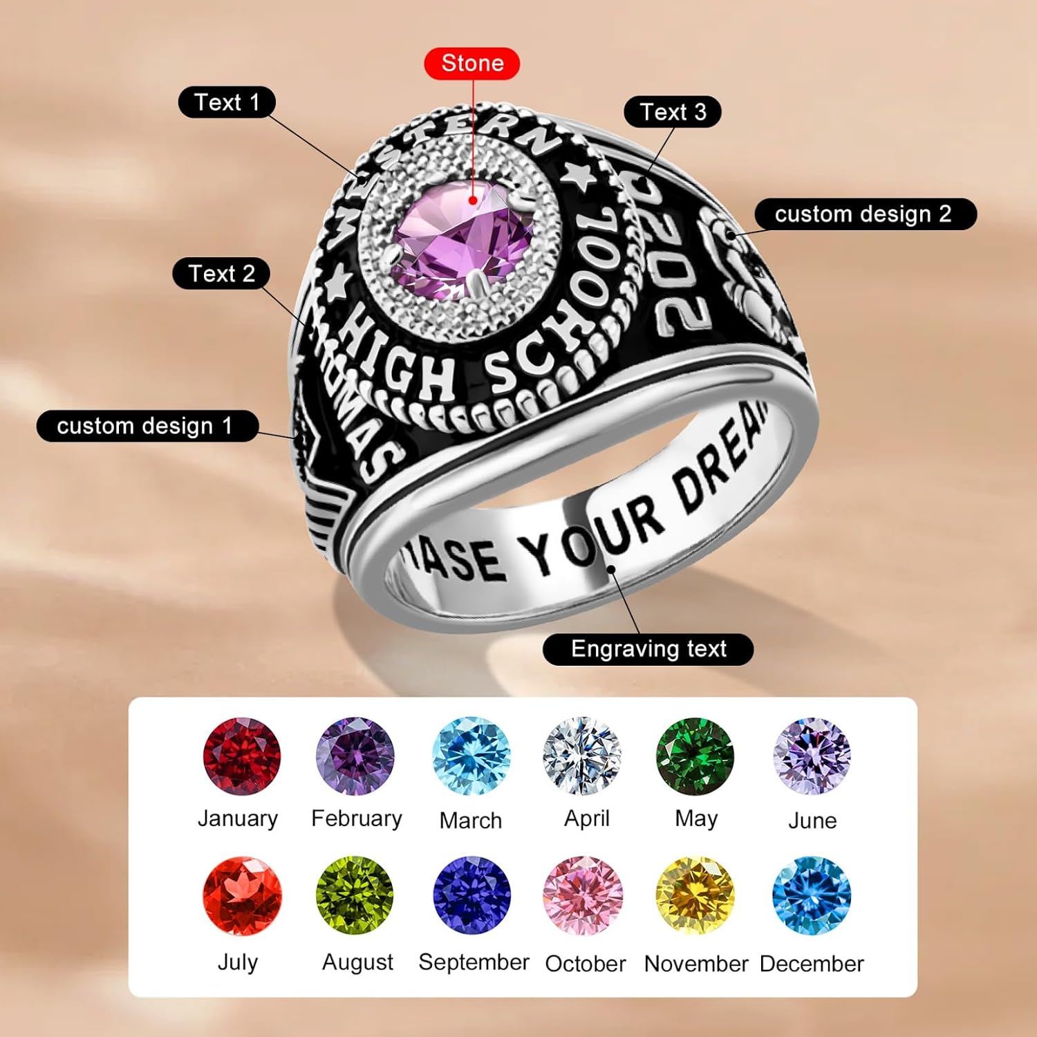 Custom Class Rings for Women 2025 2026 – Personalized Engraved Graduation Rings, High School and College Rings in 925 Sterling Silver