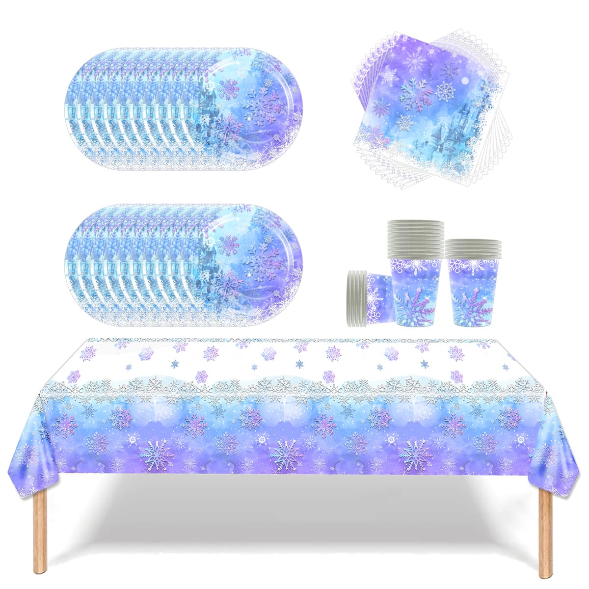 Stoviglie per feste Frozen,Set di stoviglie per feste con fiocchi di neve blu e viola,20 tovaglioli 20 bicchieri di carta 20 piatti di carta 1 tovaglia,Stoviglie per bambini e adulti