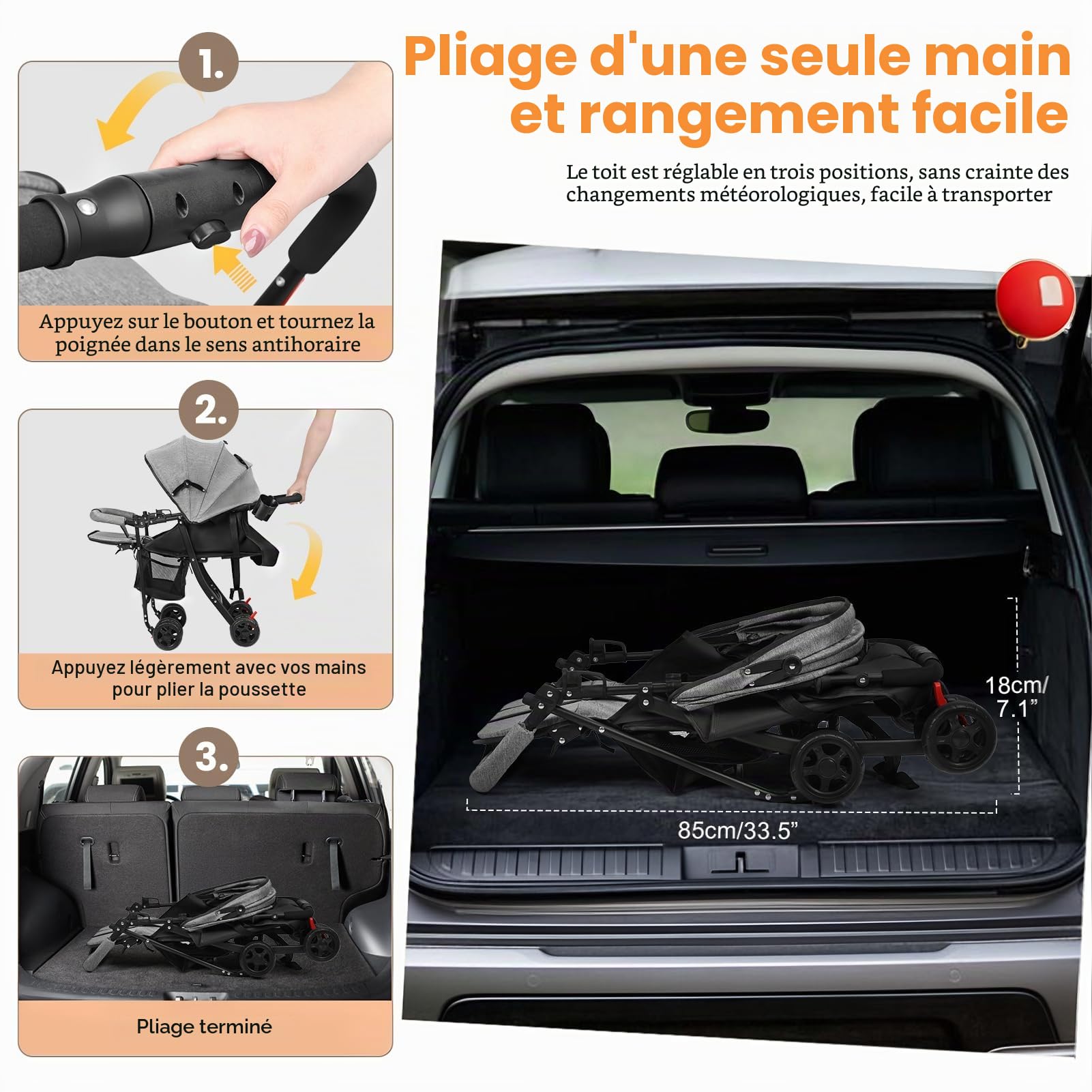 Poussette Bebe Voyage, Poussette Compacte Pliable, Poussette Canne Legere 4,2 kg, Pliage Une Main, Dossier Reglable, Harnais 5 Points, Capote Reglable, Panier Rangement, 0 a 2 Ans, 10 kg (Gris)