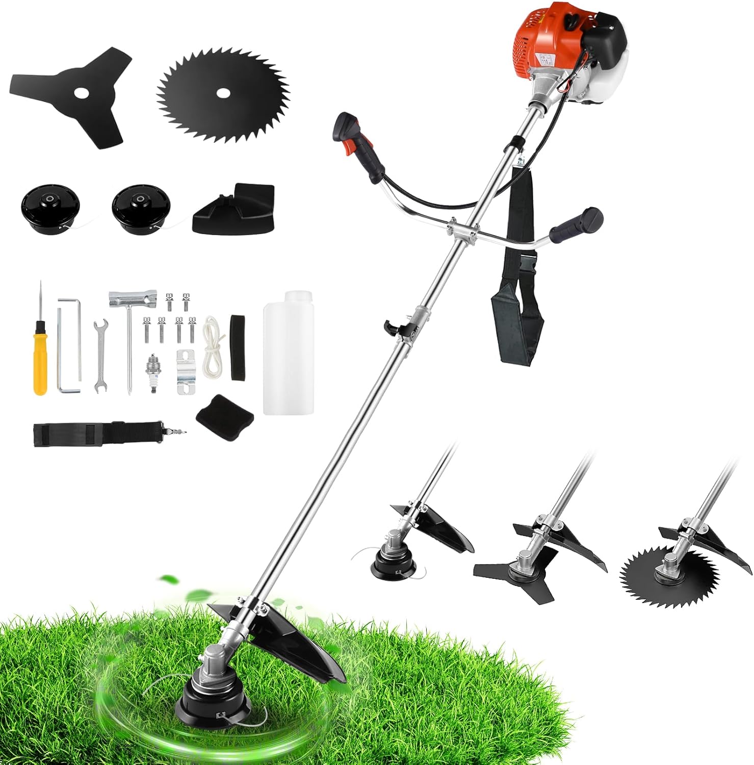 COOCHEER 58CC 2-Stroke Weed Eater Gas Powered 4-in-1 Brush Cutter 18″ Straight Shaft Gas Weed Wacker with 4 Blade Heads String Trimmer for Grass, Weeds, Brush (Orange)