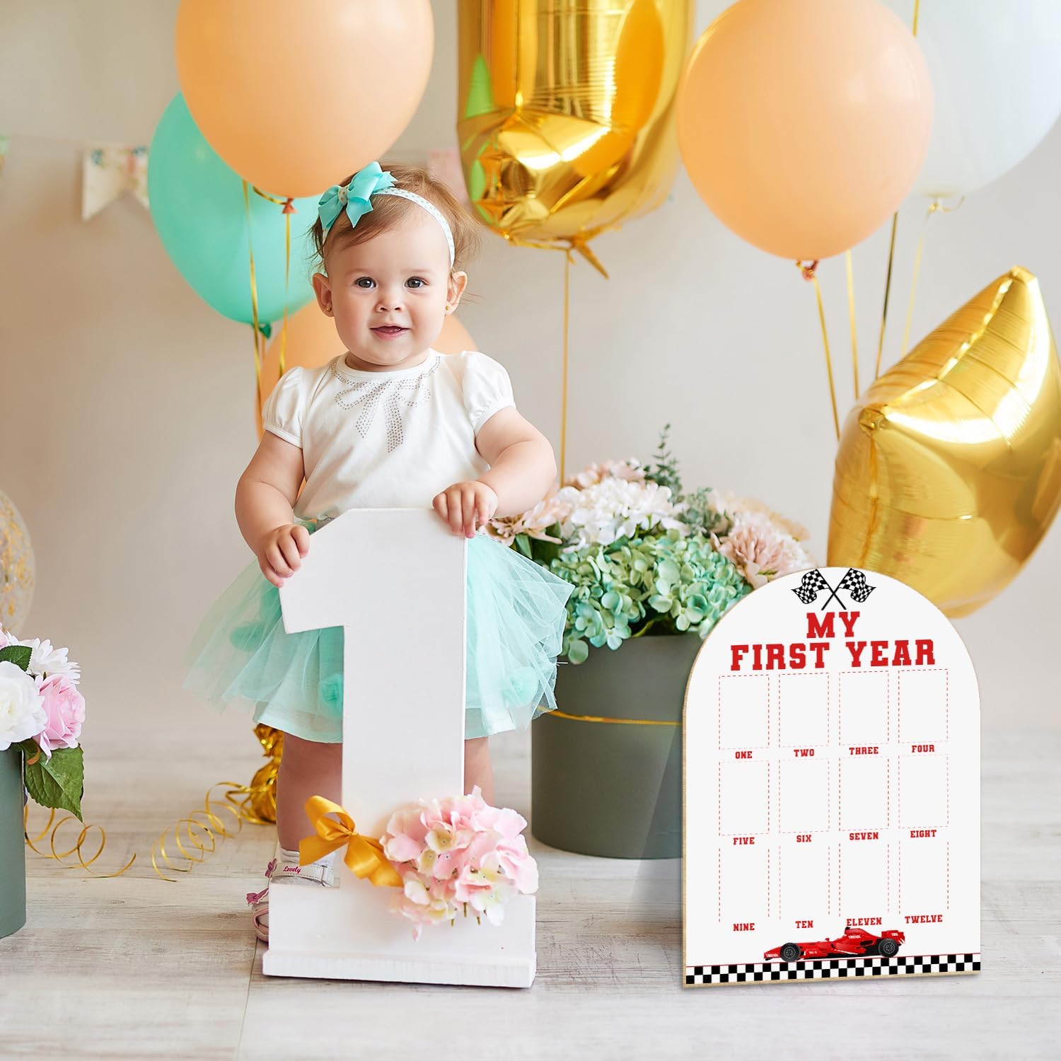 My First Year Photo Board - Race Car Theme, Newborn 12 Months Milestone Wooden Photo Board, First Birthday Decorations, Baby Keepsake Gift Supply (Fit 2x3in Pic) -16