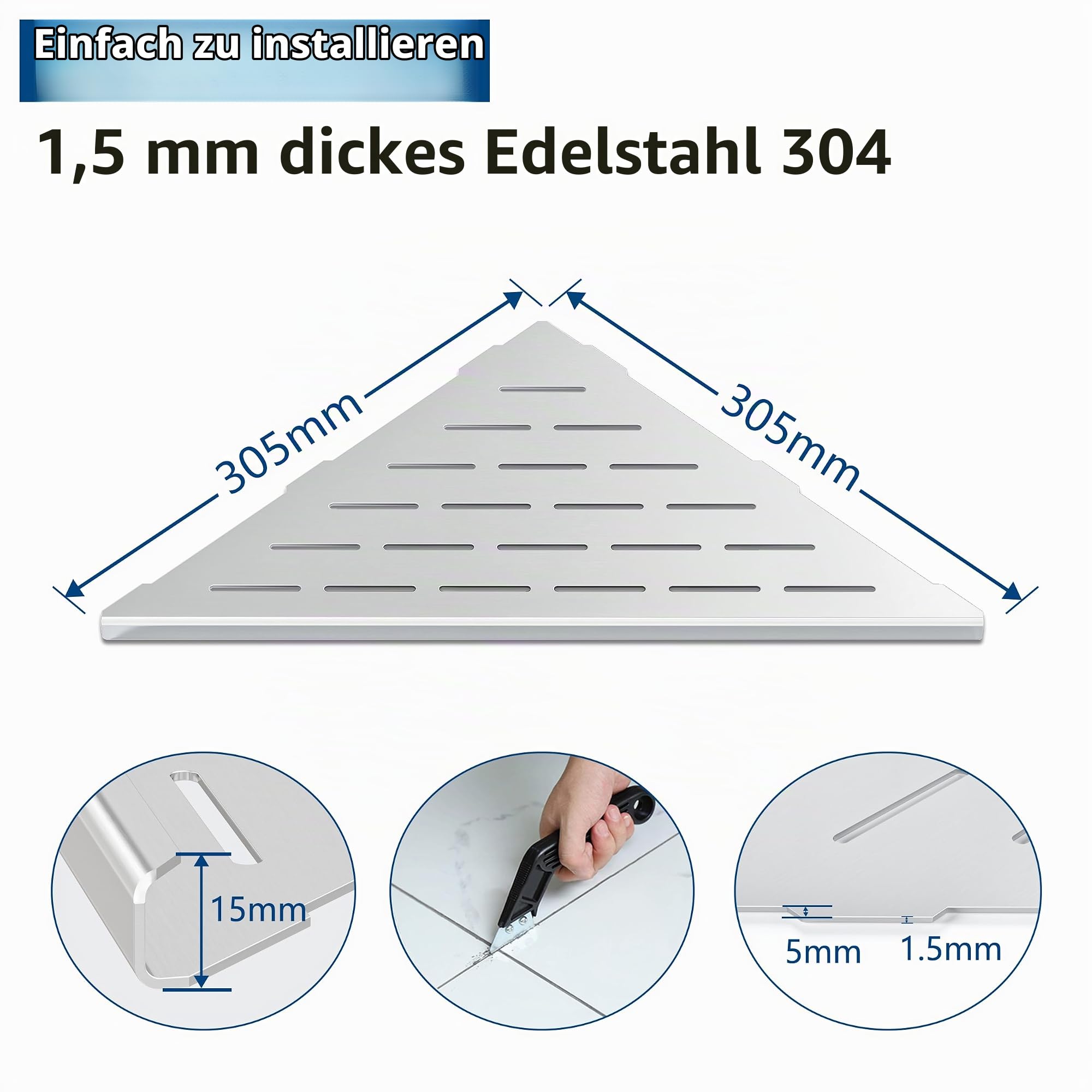 Neodrain Duschablage Ecke Edelstahl Duschregal 305mm Eckregal Dusche mit Fugenentferner Werkzeug für Badezimmer, Küche, 2 Stück