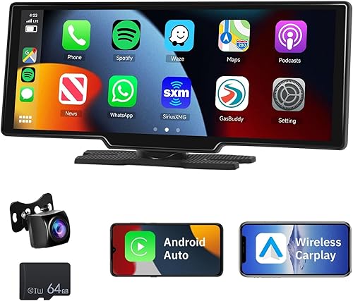 Pantalla Carplay inalámbrica portátil estéreo para automóvil, juego de coche, Android Auto de 10.26 pulgadas, pantalla táctil IPS, receptores de