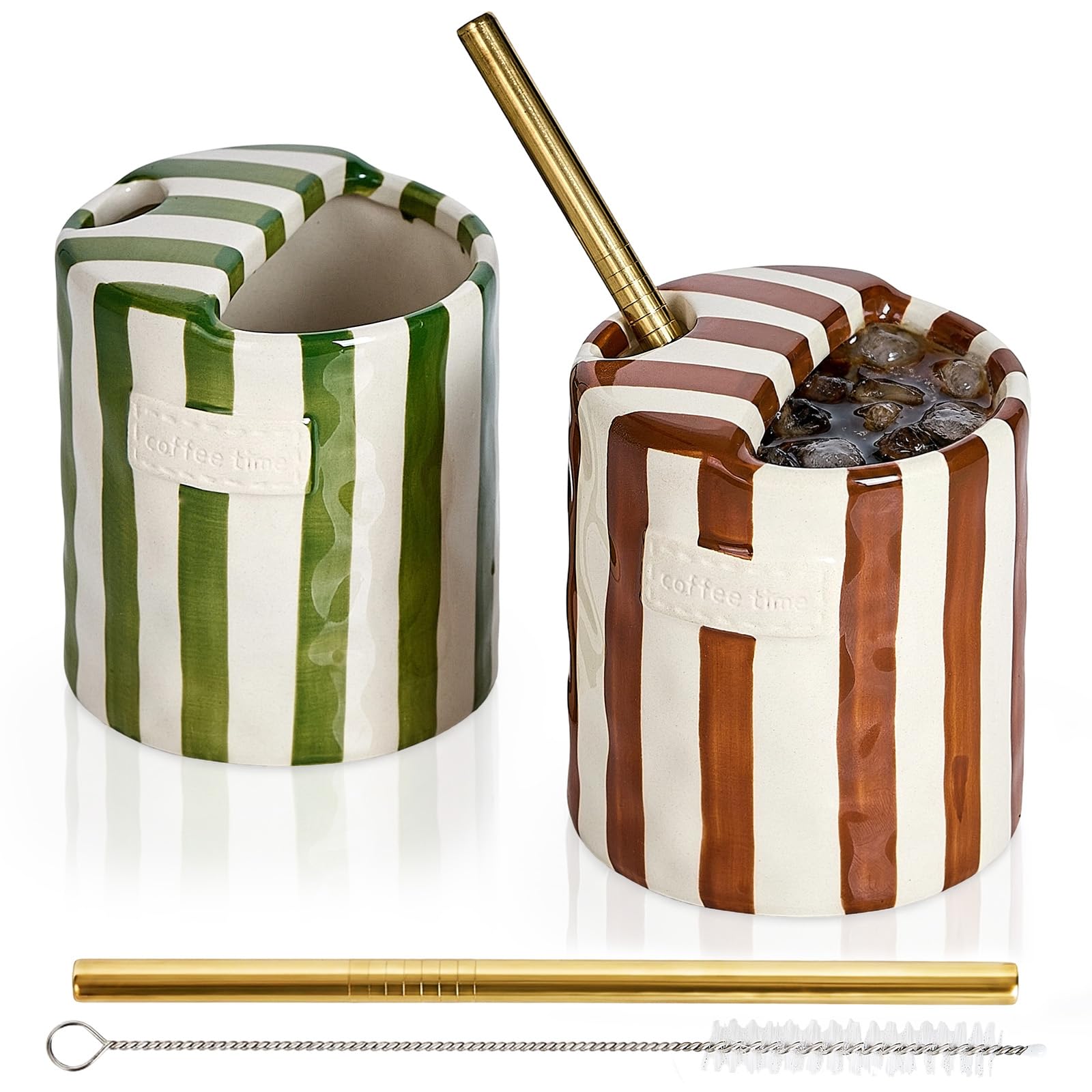 keramwerk 2 Pack Ceramic Coffee Mug with Sip Hole Espresso Shot Cup 300ml with Straws Retro Hand Painted Striped Porcelain Coffee Tea Cup Cappuccino Latte Mug for Kitchen Dining Travel (Green,Brown)