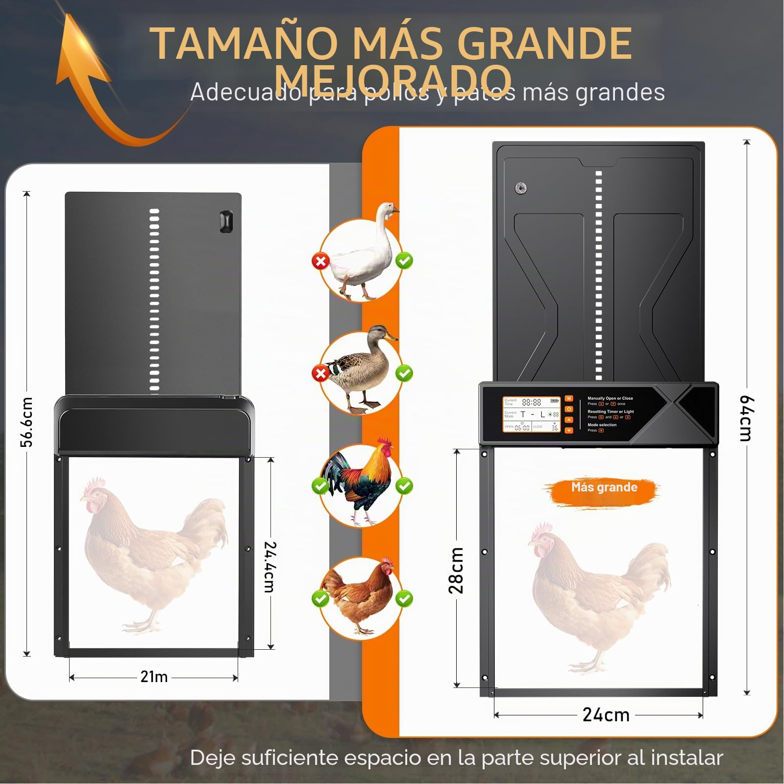 Puerta Gallinero Automático Solar con Mando a Distancia, Sensor de Luz y Temporizador, Anti-atrapamiento