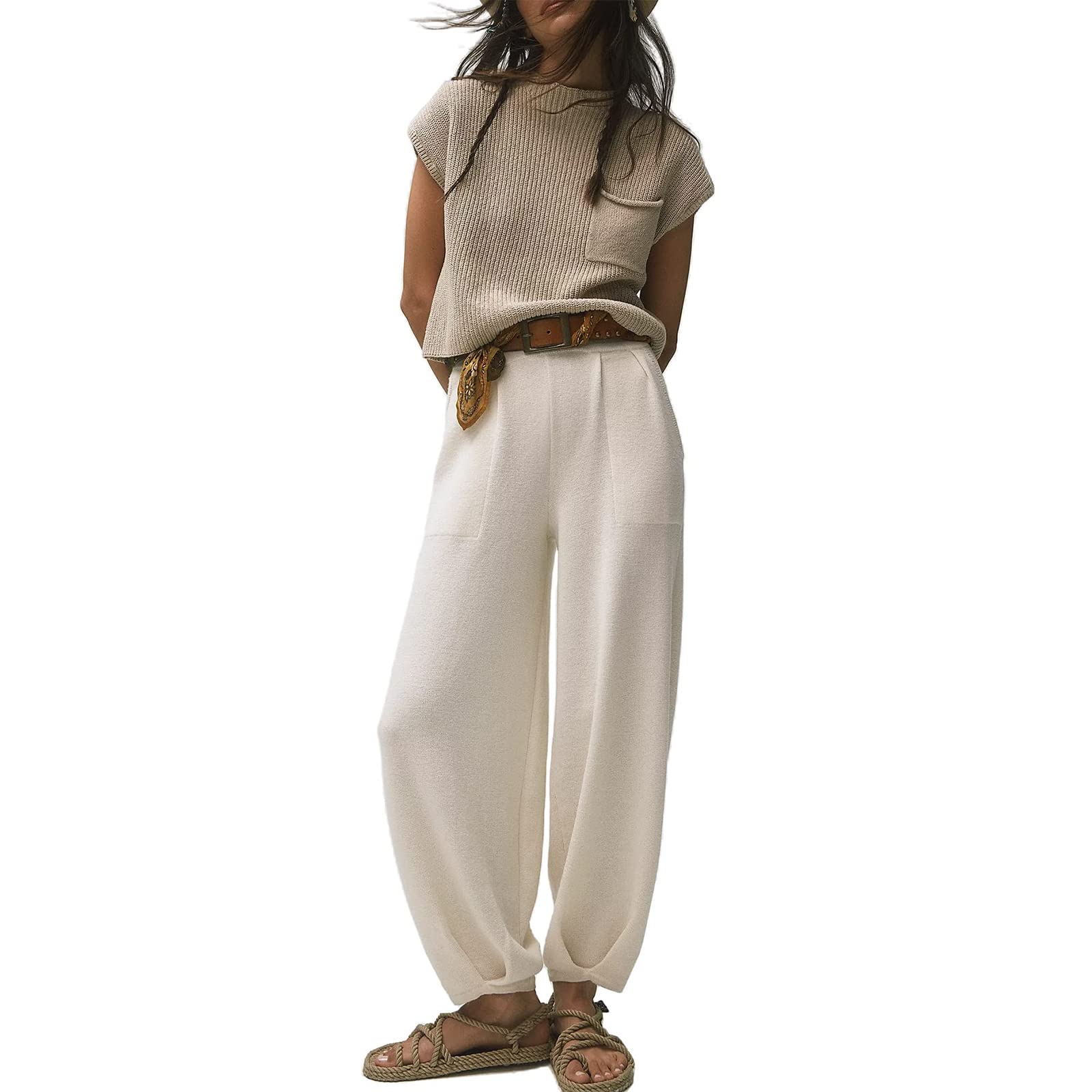 Edhomenn Conjunto de 2 piezas de punto para mujer, suéter de manga corta con pantalones de cintura alta, pantalones holgados, conjuntos de suéter para descansar