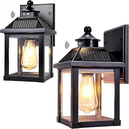 Paquete de 2 luces solares de pared para exteriores, luces LED de porche del atardecer al amanecer, sensor de movimiento, aplique solar impermeable