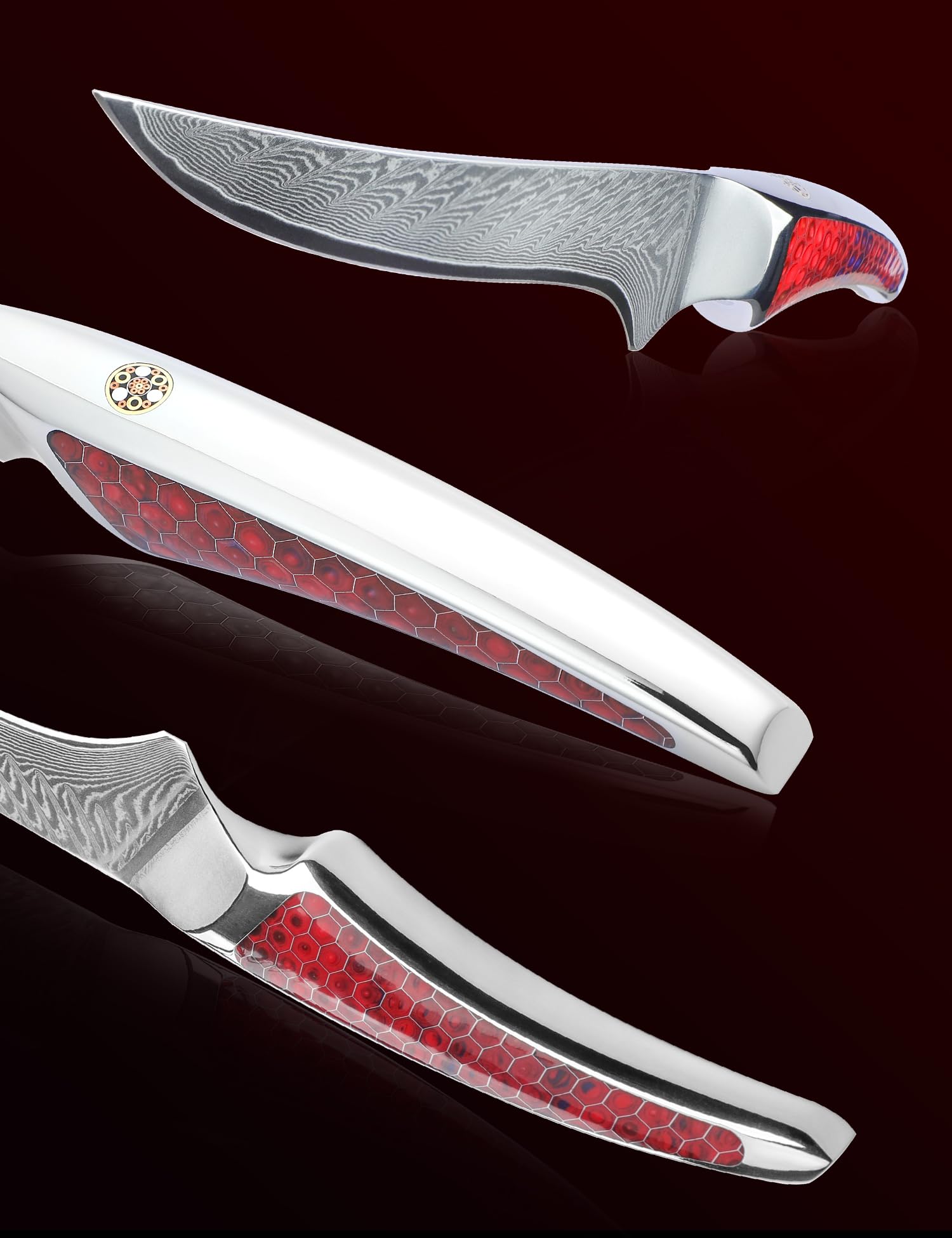 18CM Filetiermesser, Küchen- und Fischmesser aus Japanischem VG-10-Damaszenerstahl, ultrascharfes Ausbeinmesser mit Ergonomischer Griff aus Rot Harz, Serie LA-S9