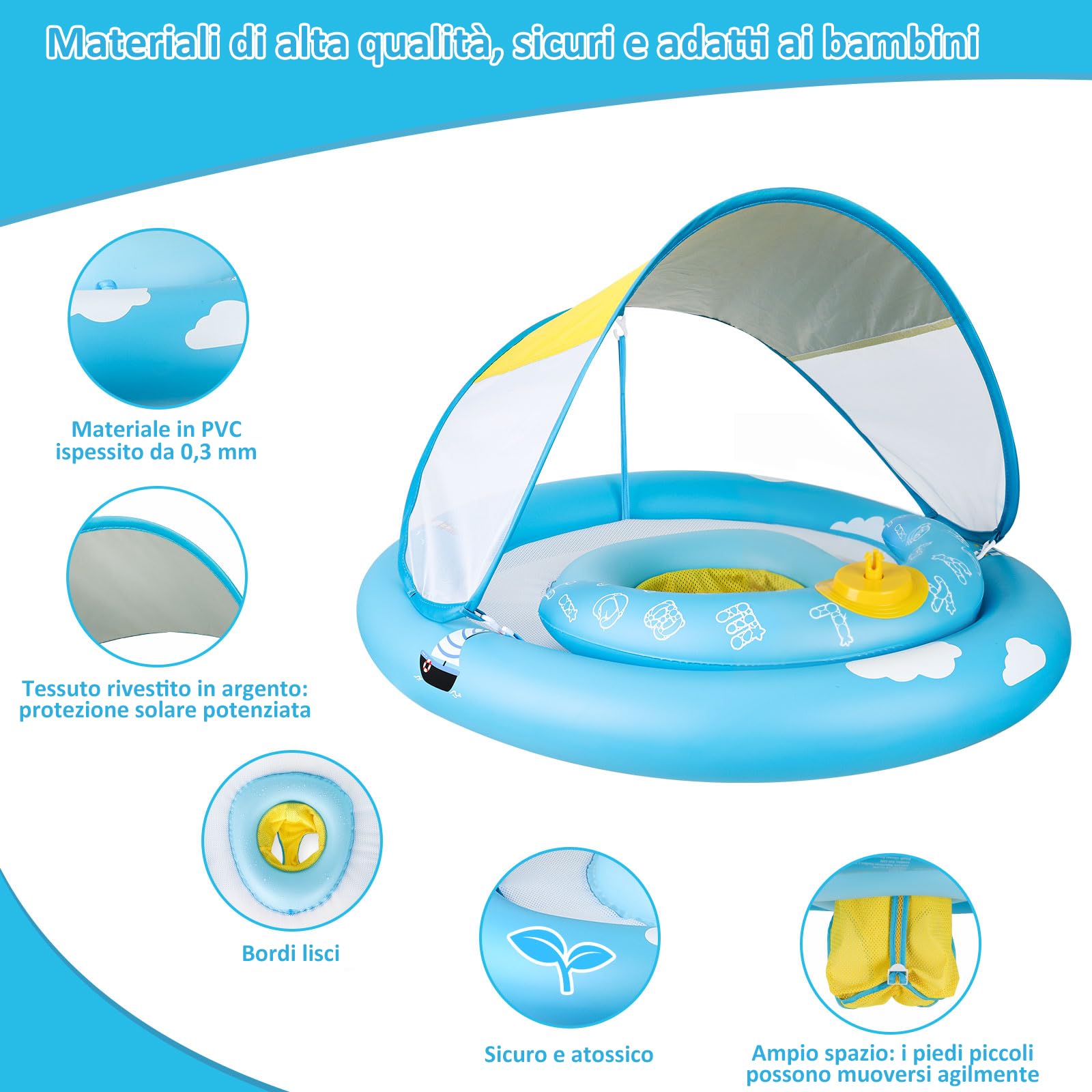 MYCARBON Salvagente Neonato 6 Mesi – 30 Mesi con Parasole Mutandina Regolabile Salvagente Bambini con Pompetta Galleggiante Ciambella per Mare Piscina