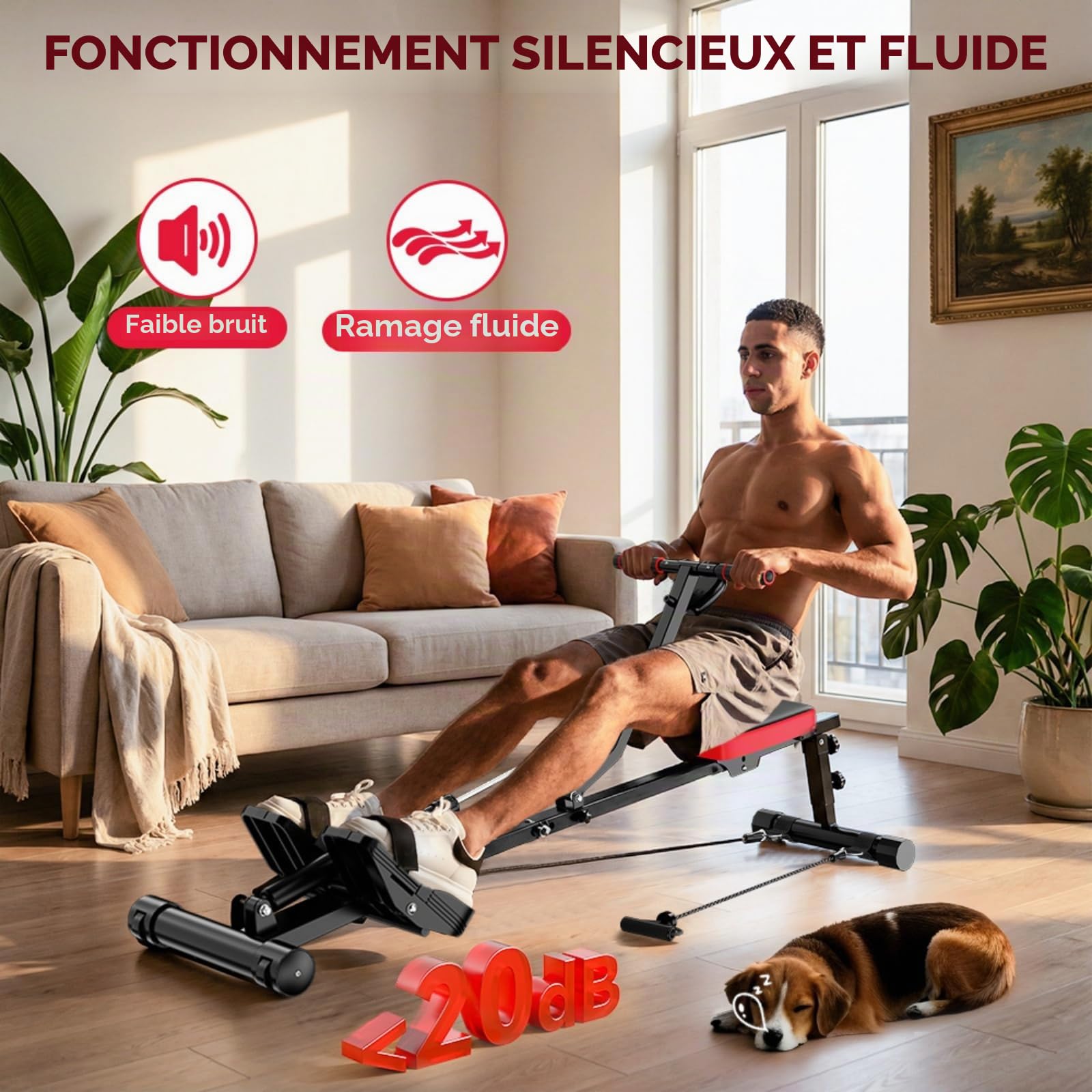 Rameur pour la Maison Hydraulique Rowing Machines, 12 Niveaux de Résistance, Capacité de 180KG, Rameur pour Entraînement Complet Fitnessappareil