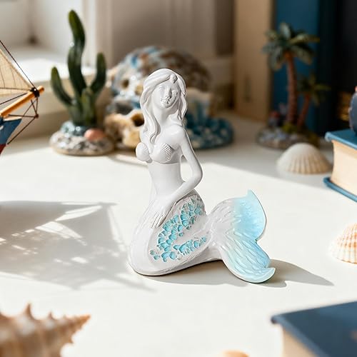 Miniatura 4 de Figura de sirena  Estatua de sirena de cola de mosaico azul de 4.4 pulgadas, temática de playa, decoración del hogar para sala de estar, baño,