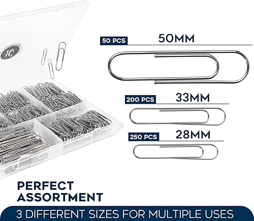 Miniatura 2 de Luxurecourt - Paquete de 500 clips de papel 3 tamaños surtidos de clips pequeños y grandes plateados a granel, clips de acero chapado en níquel