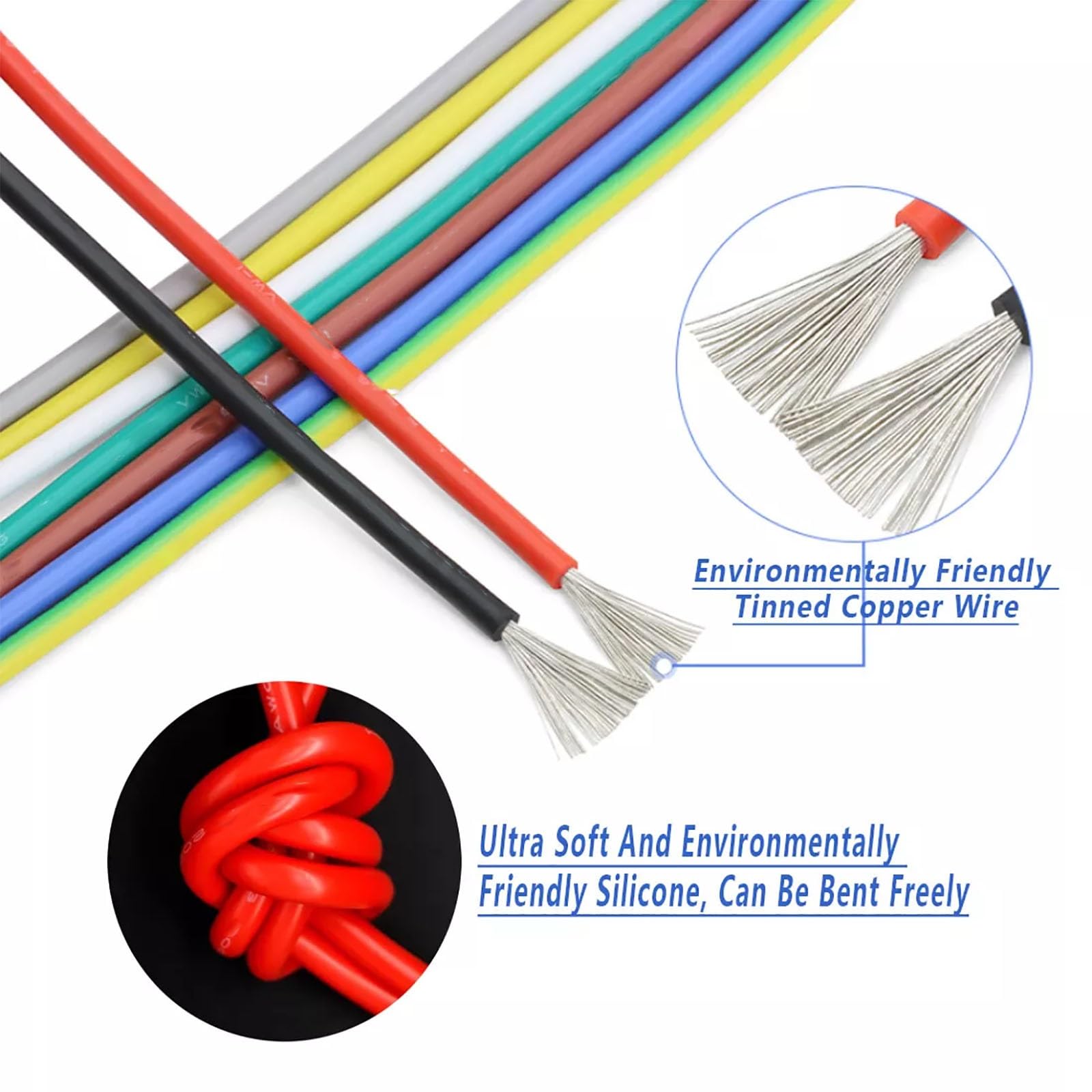 Alambre eléctrico de alta temperatura Calor, Cable de alambre silicona 300 pies, varios tamaños AWG multicolores(Black,22AWG)