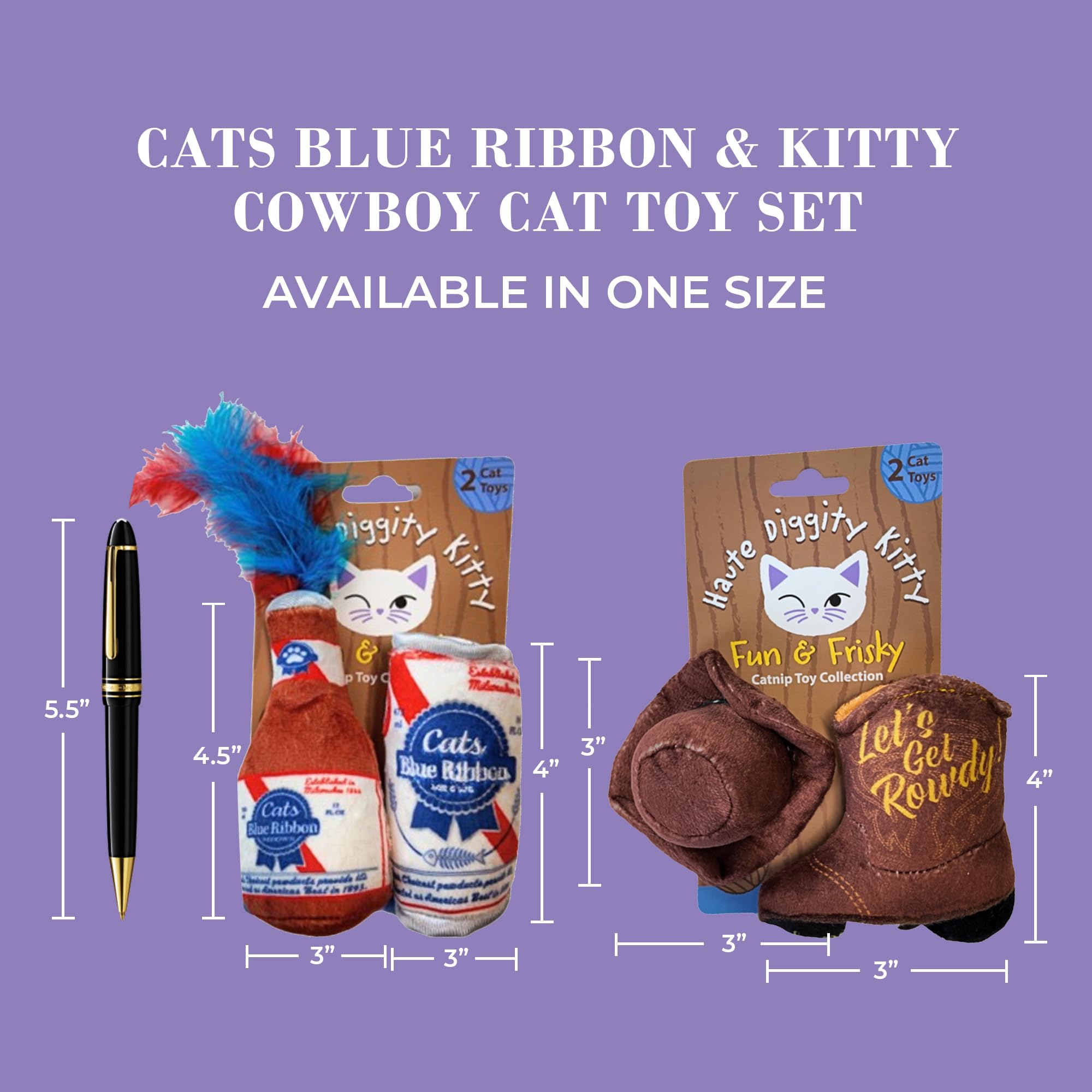 Haute Diggity Kitty Juego de cinta azul para gatos + gatito vaquero, juguetes de peluche para gatos rellenos de sonido crujido interactivo, juguetes seguros y duraderos para gatos y gatitos, 4 piezas