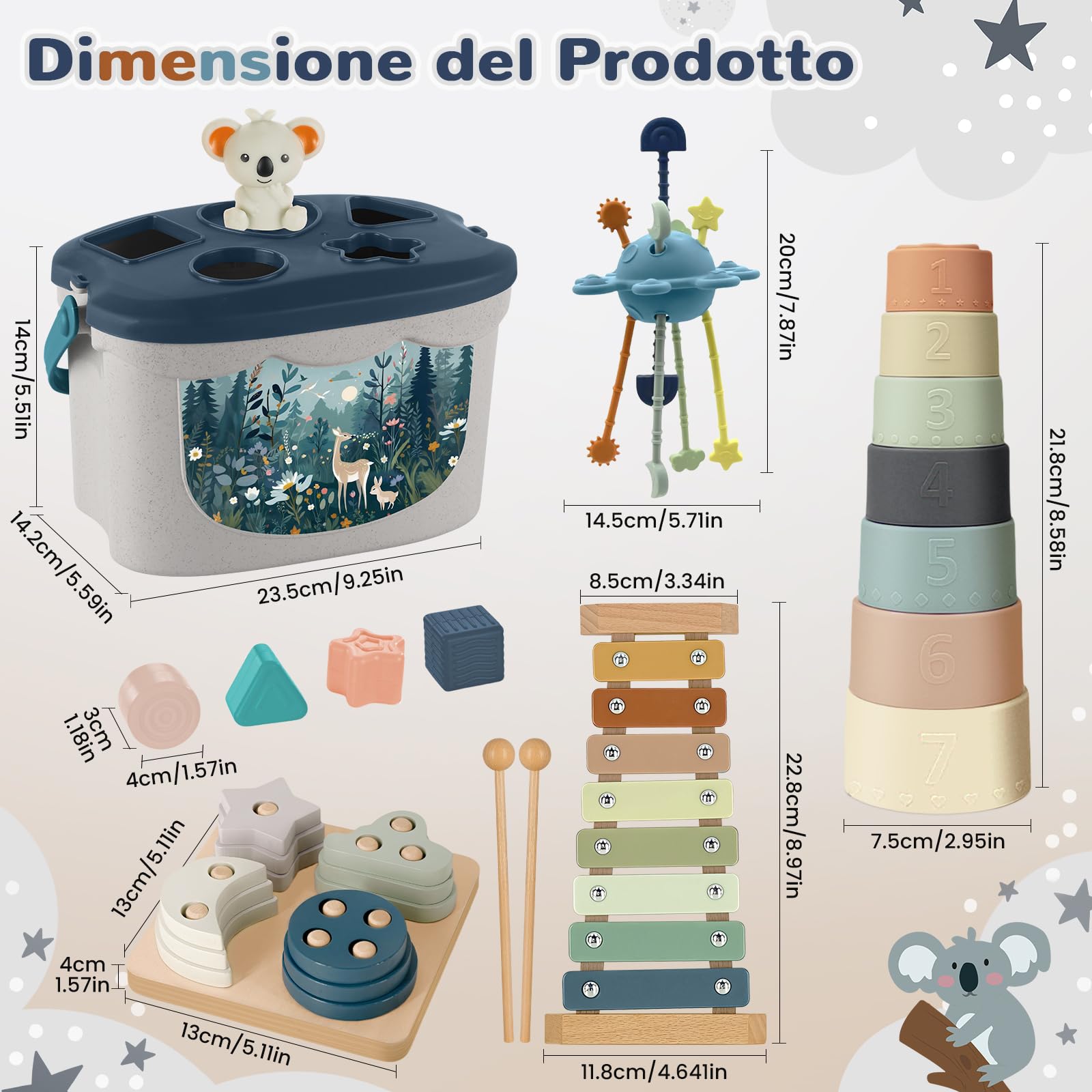 Giochi Bambini 6 Mesi in su,5 in 1 Giochi Montessori 6-12 Mesi | Giochi Neonato 6 Mesi,Giochi Sensoriali per Neonati,Giocattolo di Forme e Impilamento,Xilofono,Regalo Neonato 6 Mesi