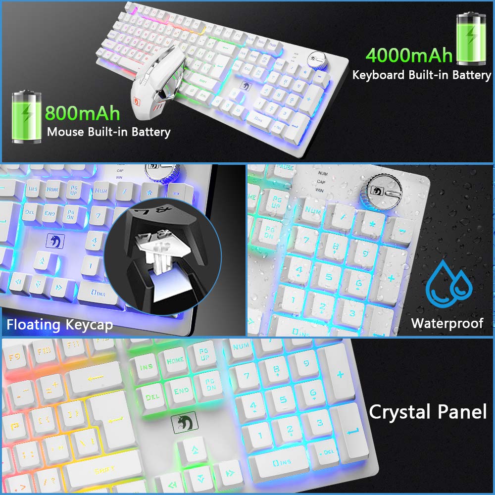 FELiCON x MAMBASNAKE K620 Tastiera da Gioco Wireless e Mouse Combo, Ricaricabile 4800mAh Semi-Mechanical Gaming Keyboard, 16 RGB Illuminato, QWERTY+2400 DPI 2.4G Wireless Gaming Mice per PC Mac-Bianco
