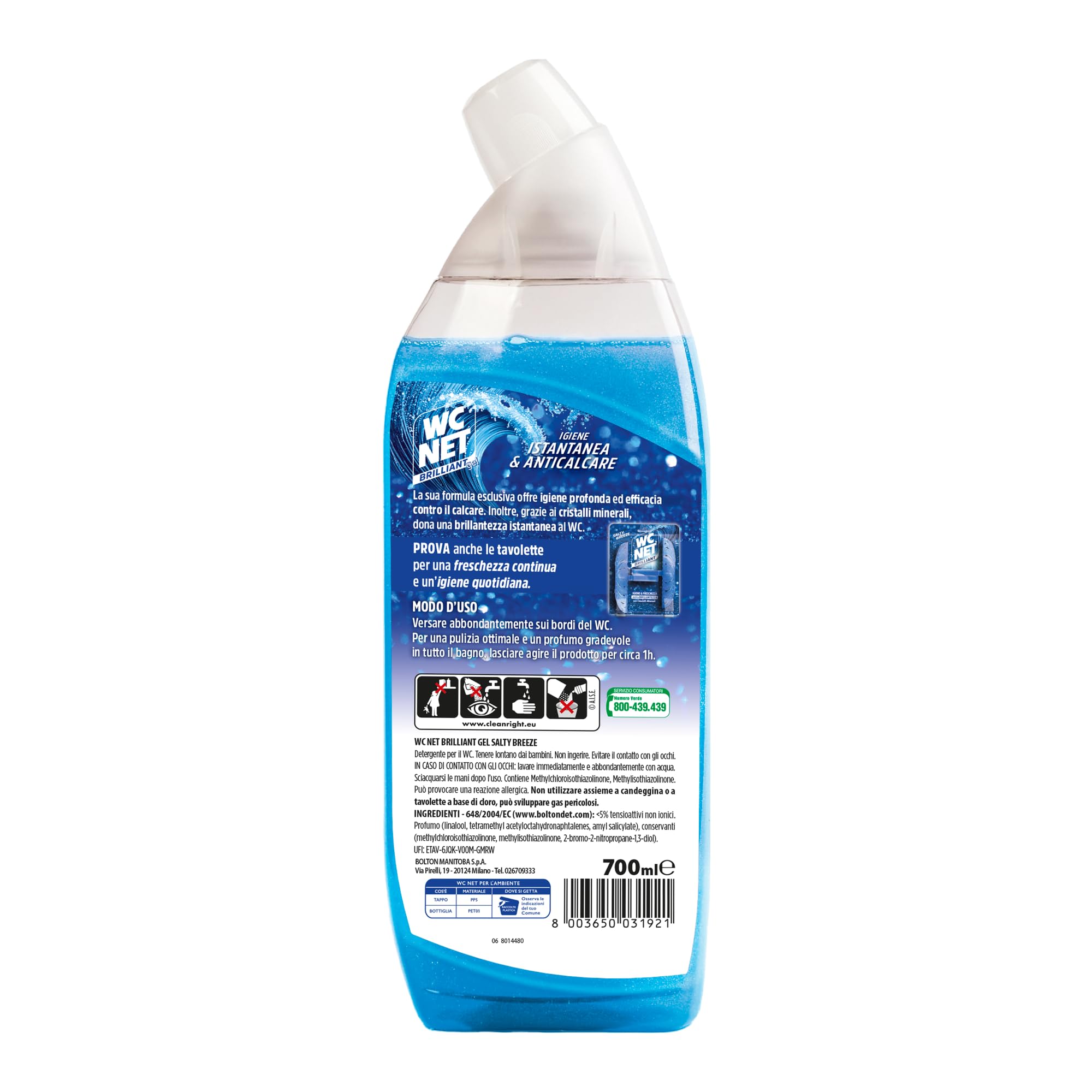 Wc Net - Brilliant Gel Salty Breeze, Detergente Liquido per Wc, Formula Brillante con Cristalli Minerali, Igiene Profonda, Azione Anticalcare, Profumo Fresco, 700 ml