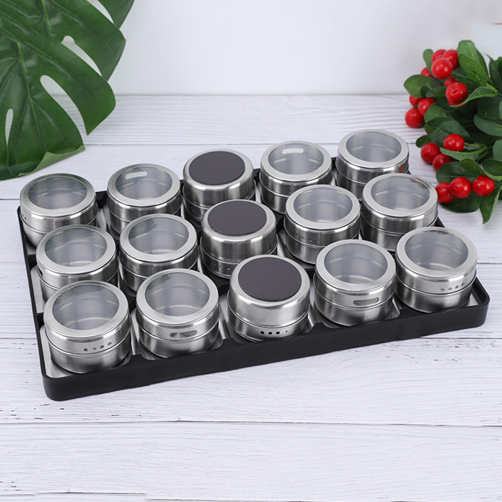 Gewürz und Gewürz Vorratsdosen Set mit Edelstahl Finish, transparenten Deckeln und Tablettboden für organisiertes Kochen auf der Arbeitsplatte und Sortieren Gegenstände Metallbehälter,