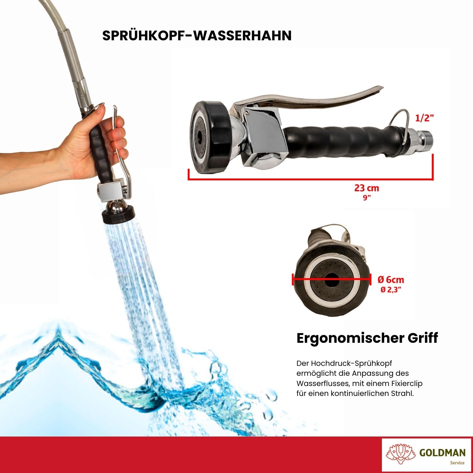 GOLDMAN SERVICE Ausziehbares Wasserhahn-Set, Sprühdüse, flexibler Schlauch aus Edelstahl, verstärkt für Industrieküche, Gastgewerbe