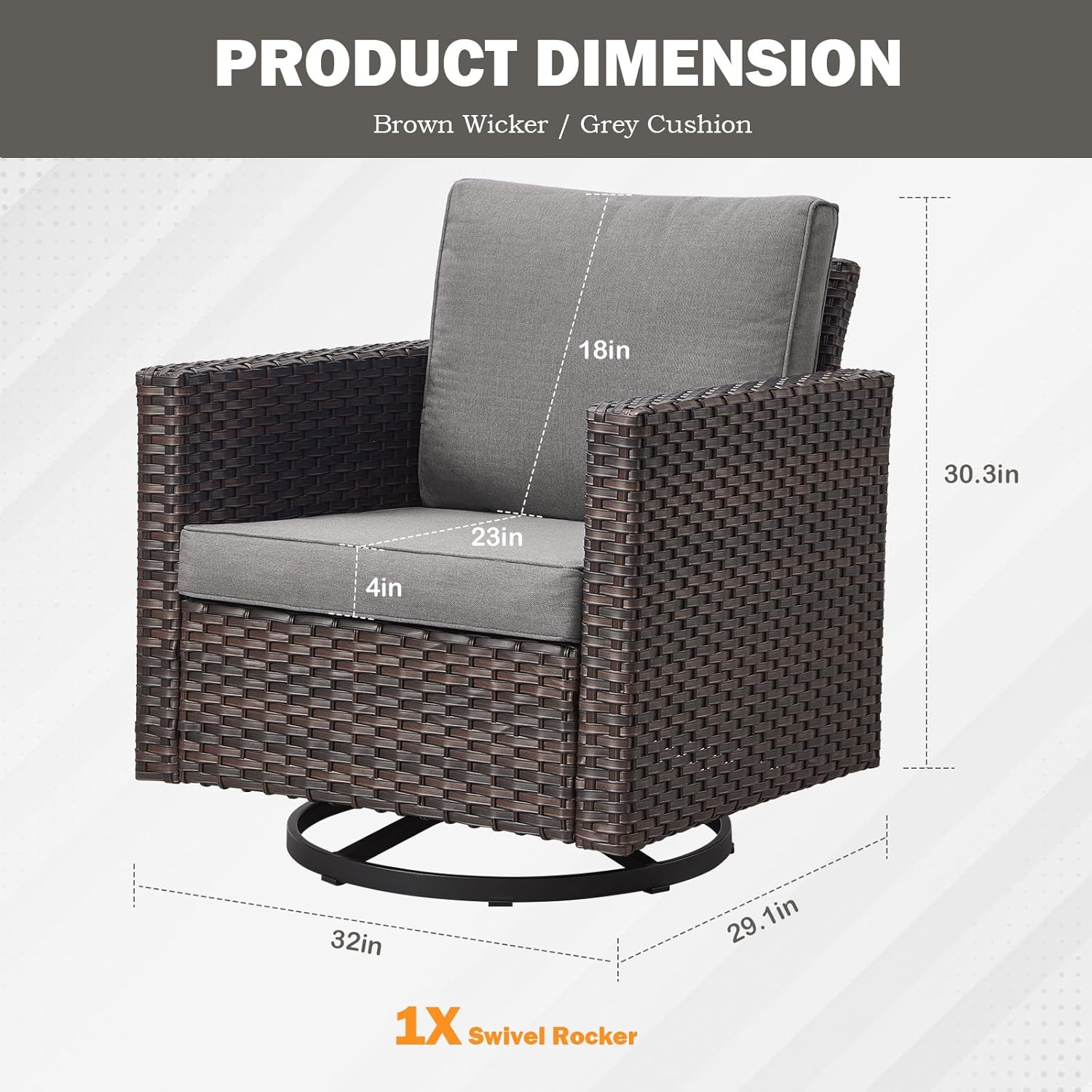 Patio Chairs Wicker Swivel Rocker - Oversize Patio Furniture Conversation Set Outdoor Swivel Glider 350LBS Max Load Outdoor Rocking Chairs with High Back for Porch Balcony Deck - Brown/Grey