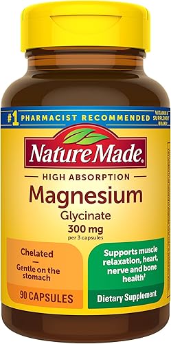 Nature Made Glicinato de magnesio de alta absorción 300 mg por 3 cápsulas, suplemento de magnesio para soporte muscular, corazón, nervio y hueso, 90