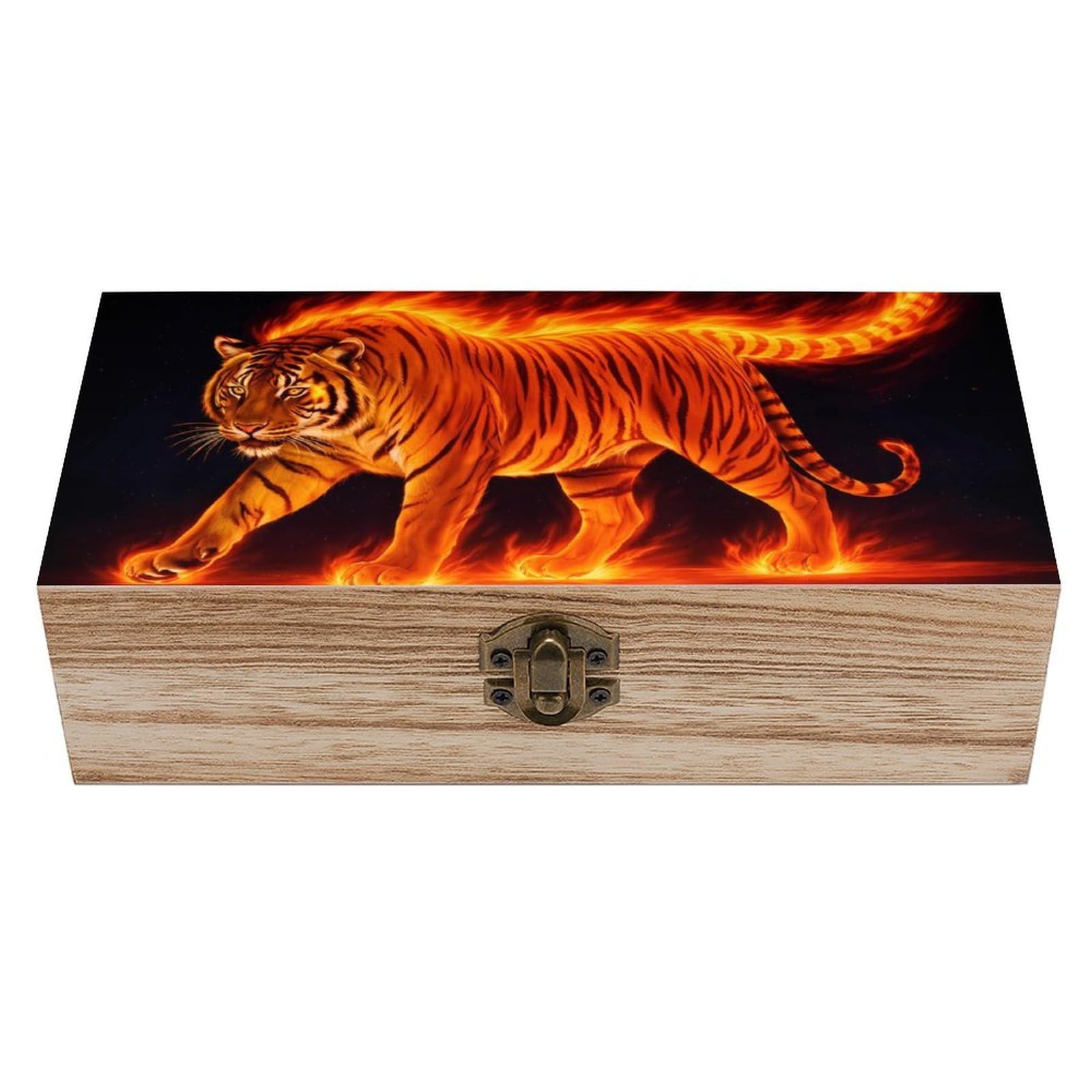 SMAZDFXX Angry Animal King Fire Flame Tiger Wooden Storage Box With Hinged Lid Decorative Front Clasp Keepsake Boxes