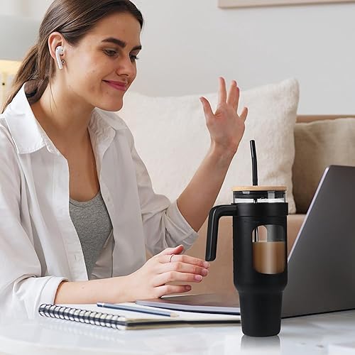 Miniatura 6 de SIEROZUR Vaso de vidrio de 50 onzas con tapa y popote. Botellas de agua de vidrio con asa, vaso de vidrio con marcador de tiempo y funda de