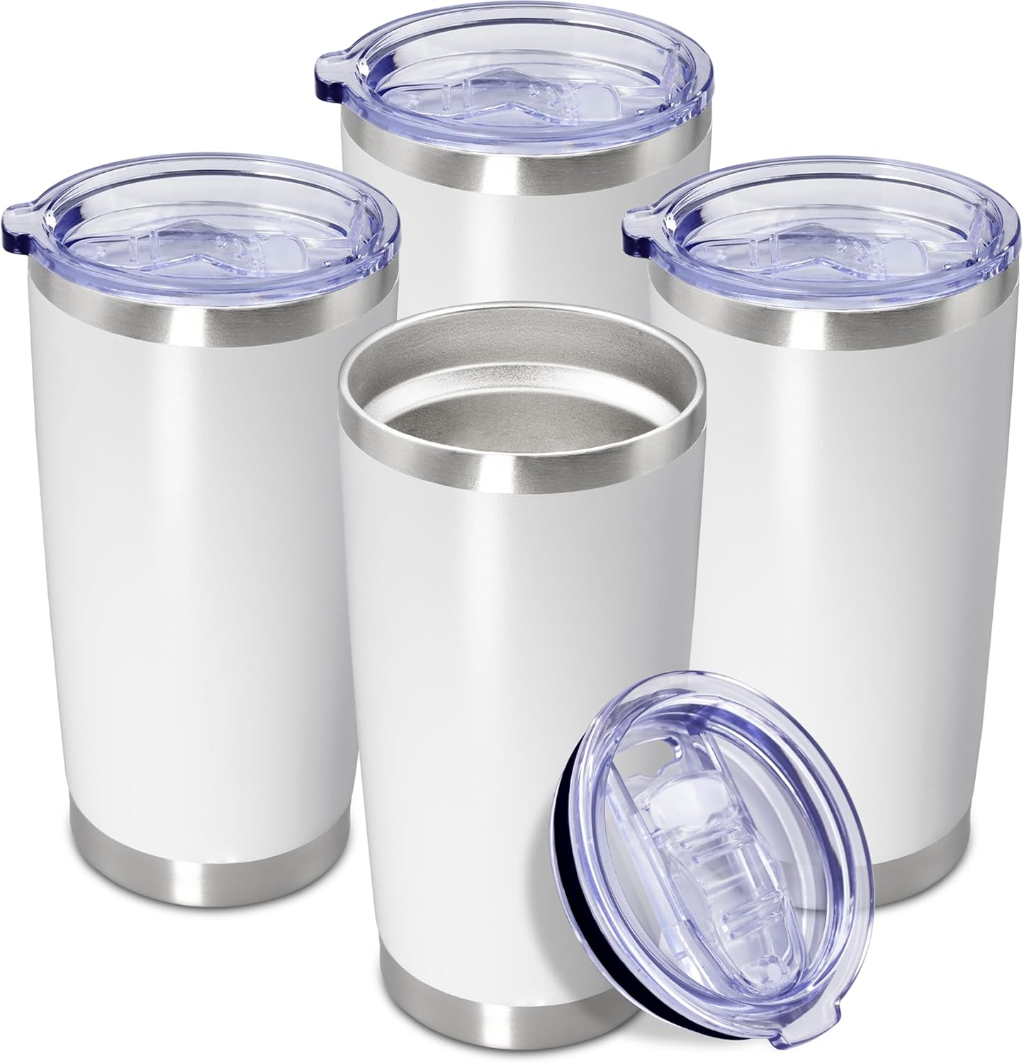 20 oz Tumbler Coffee Travel Tumblers Bulk with Lid Stainless Steel Double Wall Vacuum Insulated Mug Powder Coated Cups fit Car Cupholder for Hot and Cold - White, 4Pack