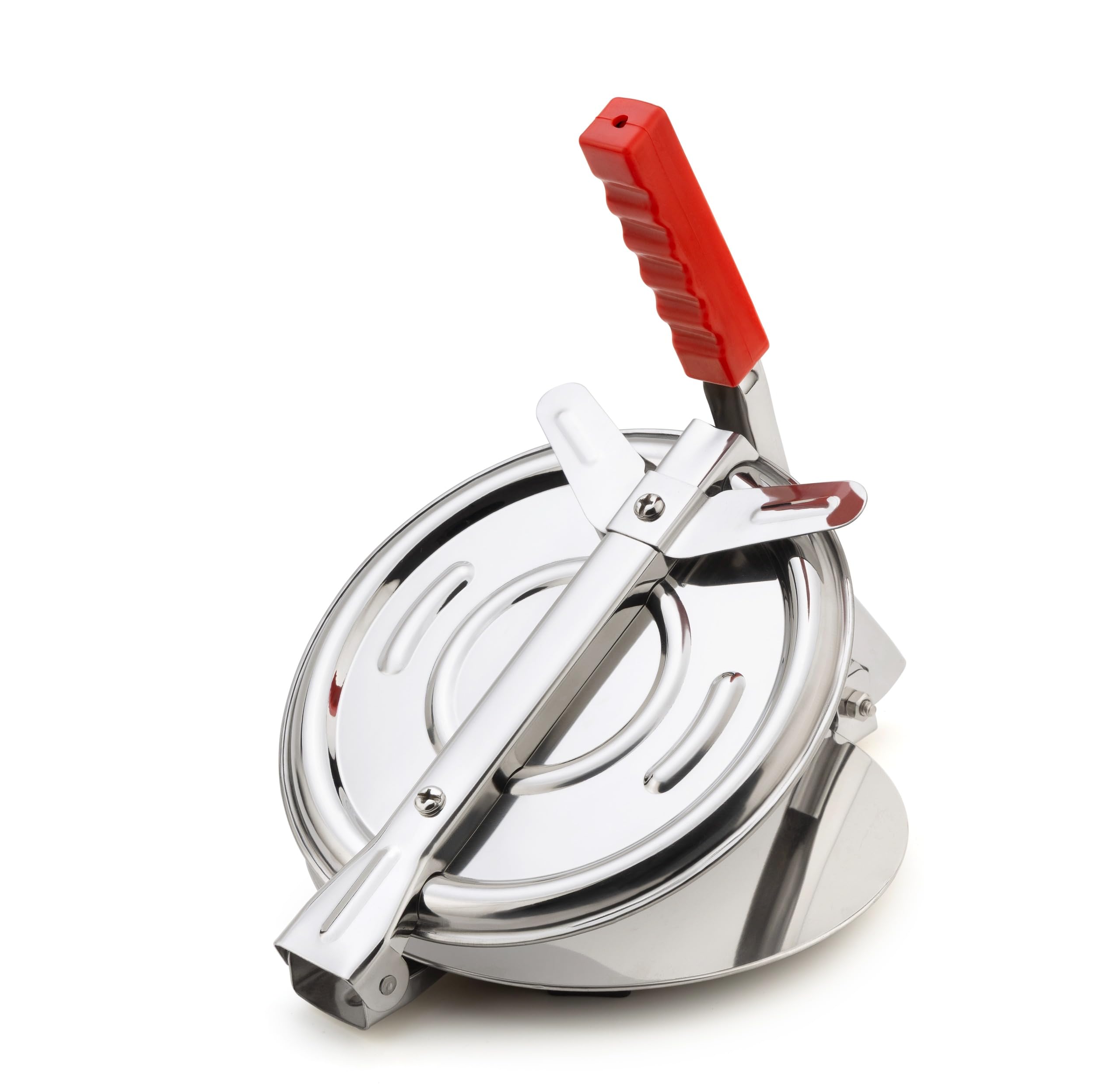 FLURISH Stainless Steel Puri Press Maker Machine with Red Handle, Manual Roti Chapati Flatbread Maker, 20 cm, Silver with Red Handle-image-3