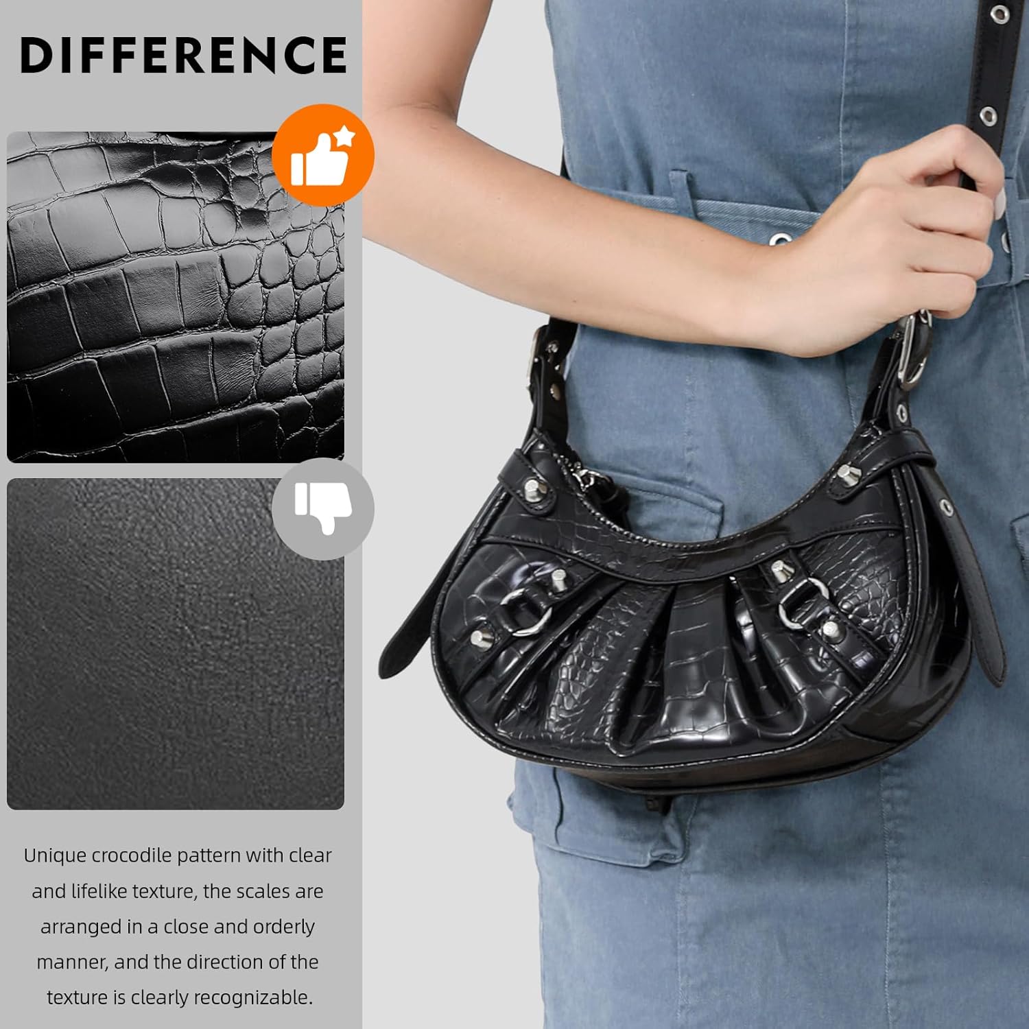 Slouchy Crossbody Bag for Women, Trendy Hobo Shoulder Purse with Adjustable Shoulder Strap, Punk Studded Underarm Bag, Y2k Purse (BLACK)