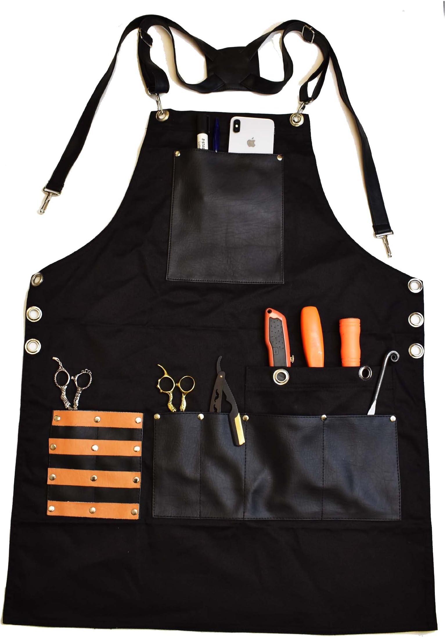 TBP Professional Barber Apron with 8 Waterproof Leather Pockets, Heavy Duty Premium Quality, Ideal for Hair Stylist, Kitchen, Chef BBQ Grill Apron