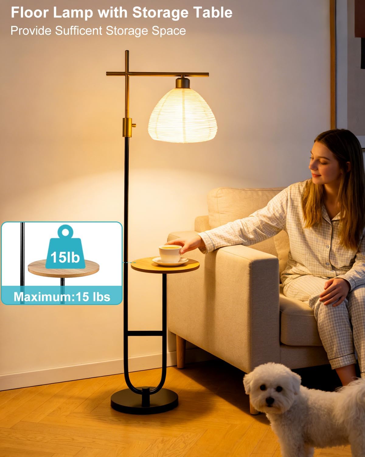 Lightdot 66IN Gold&Black Dimmable Floor Lamps with Storage Table, Modern Standing Tall Lamp with Milky White Globe Lampshade, Cross-Shaped Lamp Head and U-Pole Base Style for Living Room/Bedroom