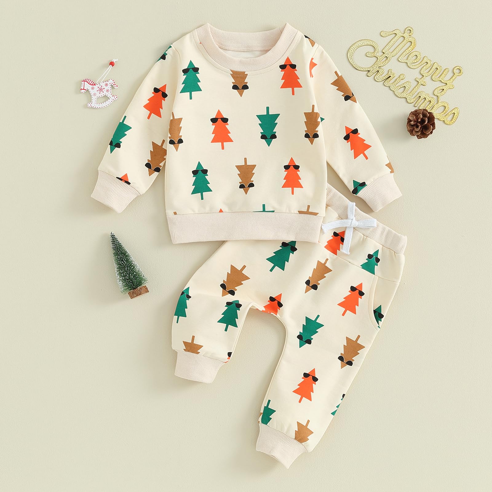 Kaipiclos Baby Boy Girl Christmas Outfit Cute Print Long Sleeve Sweatshirt and Pants Set Toddler Fall Winter Clothes (Apricot, 18-24 Months)
