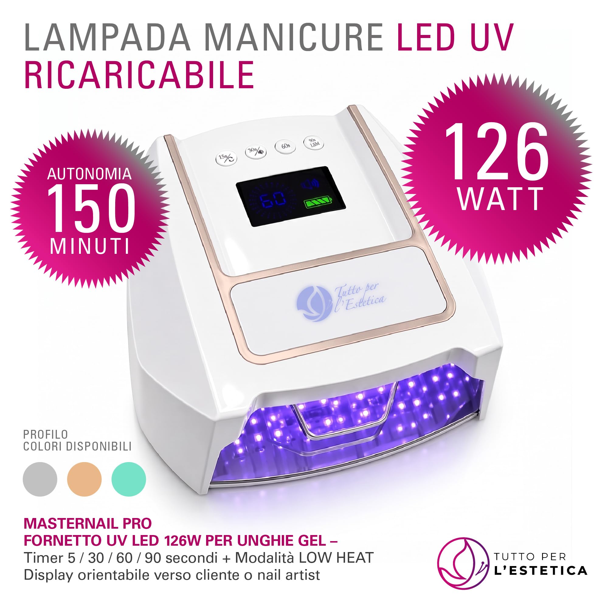 Lampada UV LED Unghie Professionali 126 Watt, Ricaricabile, con Timer | Fornetto Gel Onicotecnica, per Estetista, Nail Artist, per Manicure e Pedicure - Tecnologia Dual Light 365 - 405 nm
