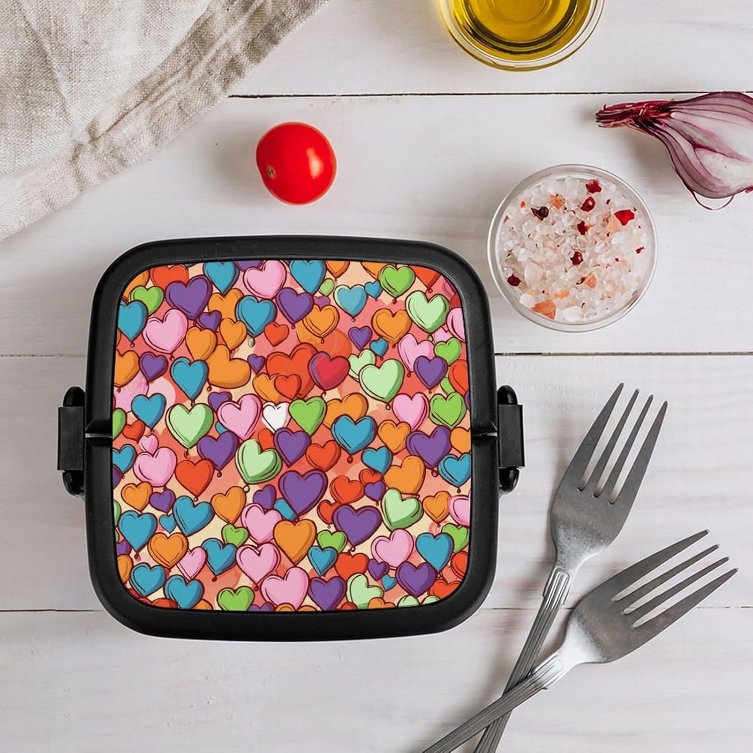 Adults Lunch Box Adult Bento Box Stackable Bento Box BPA-Free Colorful Heart Pattern Lunch Box Food Container Ideal for Meal Prep, Work, And On The Go