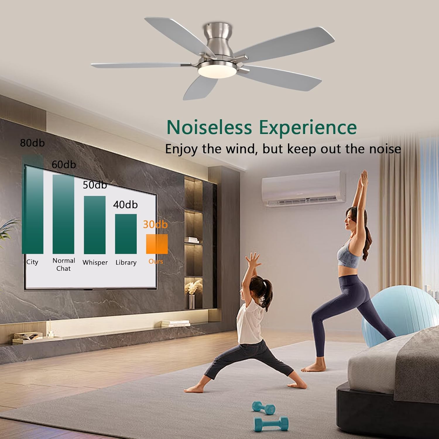 52inch Flush Mount Ceiling Fans with Lights and Remote Control/APP Control, DC Reversible Motor, Noiseless, Dimmable, Low Profile Nickel Ceiling Fan for Bedroom Indoor/Outdoor Use - Image 5