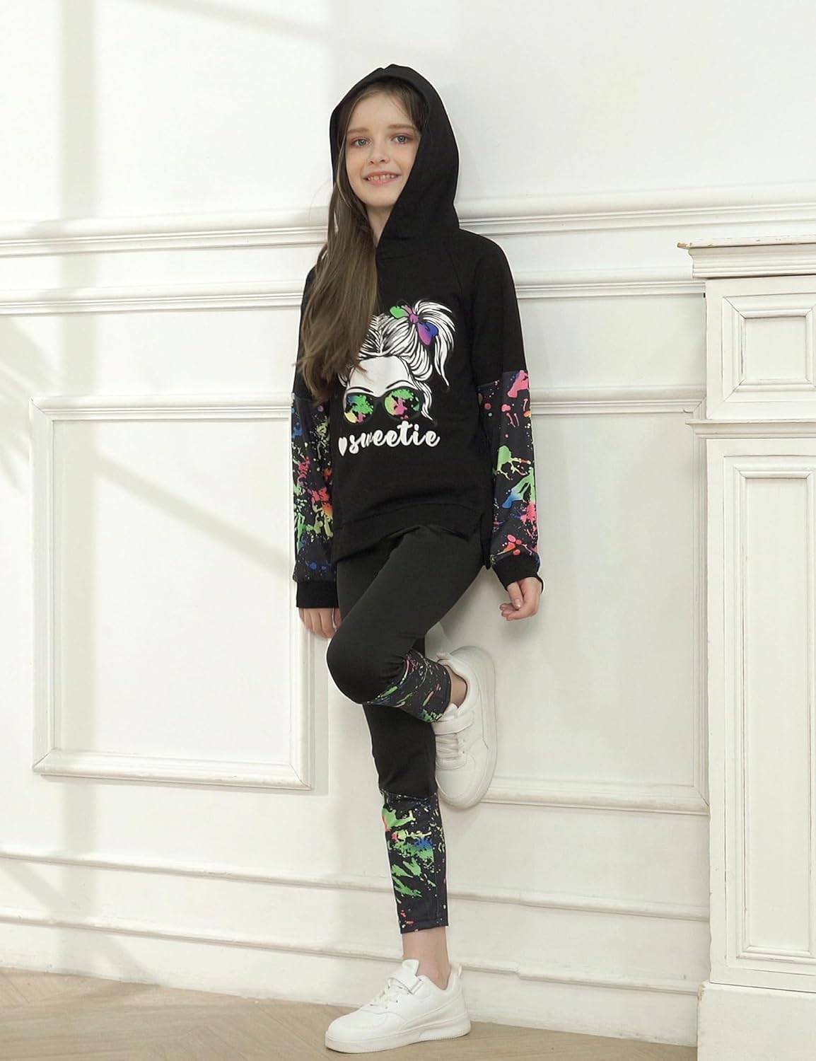 Girls Clothes Cool Girl Print Tie Dye Hoodie Pullover Sweatshirt Leggings 2PC Outfits - Image 3