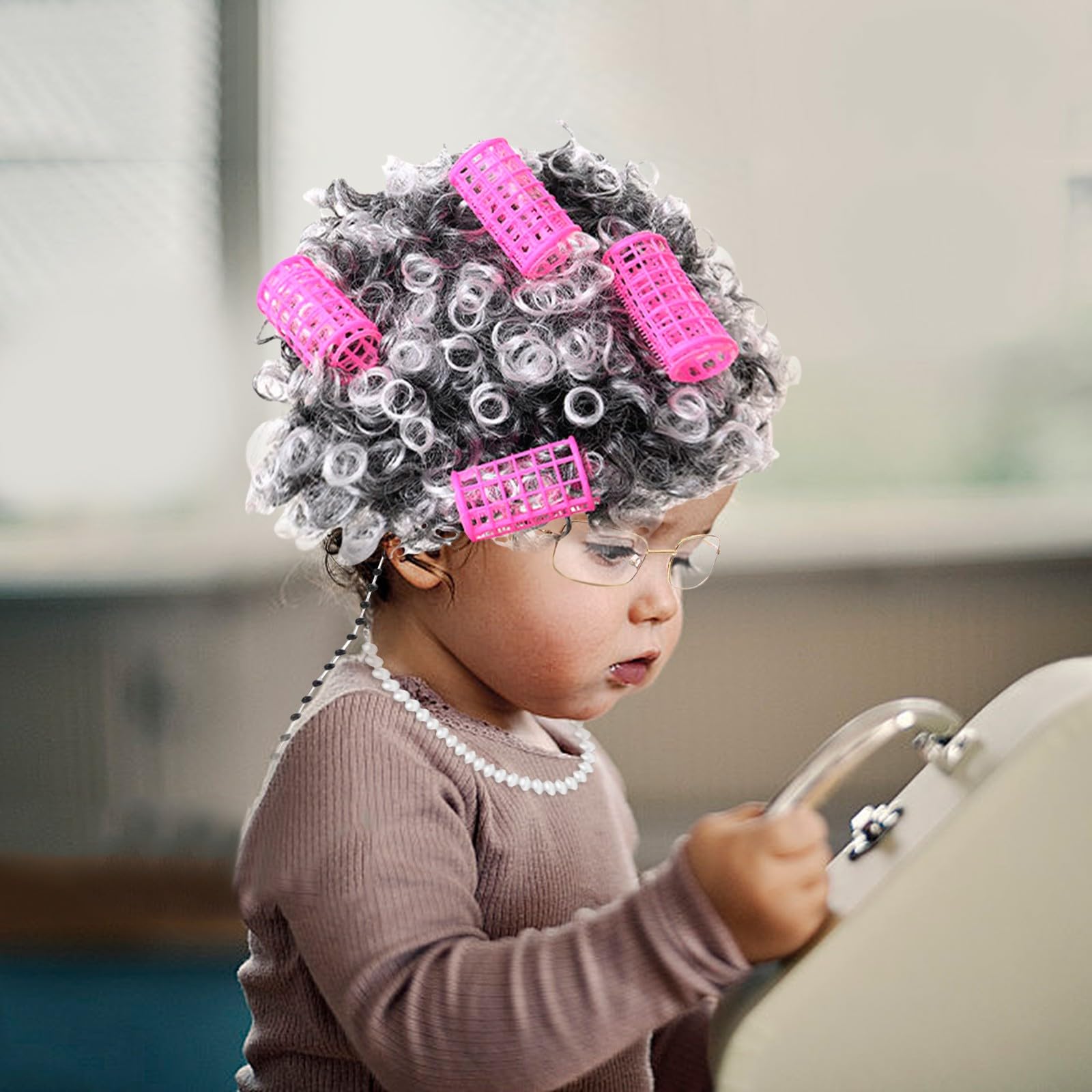 Play Activity Toy Old Lady Costume For Kids Of School Costume Granny Old Lady Wig Dress Up Accessory Curler (C, One Size)
