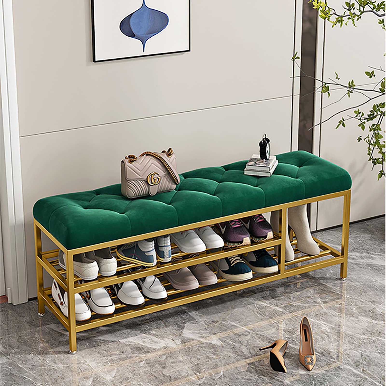 Rangement pour bottes et chaussures sur ce banc d'entrée moderne