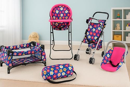 Miniatura 4 de fash n kolor El juego de 4 piezas para muñeca de bebé, diseño de flores, incluye paquete plegable y juego, cochecito de muñeca de bebé, silla alta 4