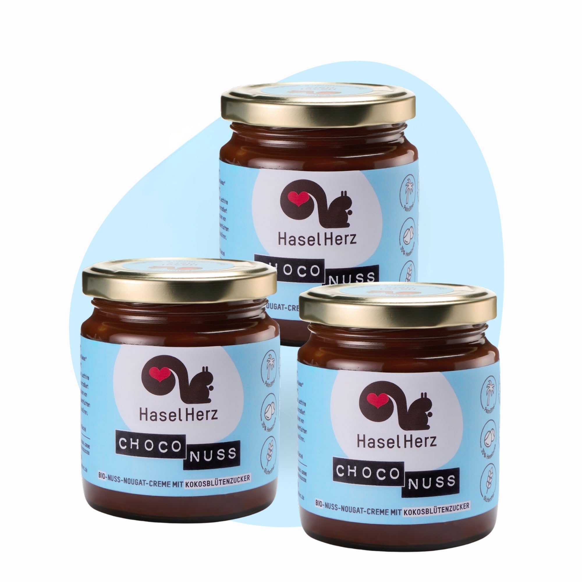 Hasel-Herz Bio Nuss-Nougat-Creme Brot-Aufstrich 3 Gläser x 220g | Gesüßt mit Kokosblütenzucker, ohne Palmöl | 35% Nussanteil, kontrollierter biologischer Anbau, nicht vegan