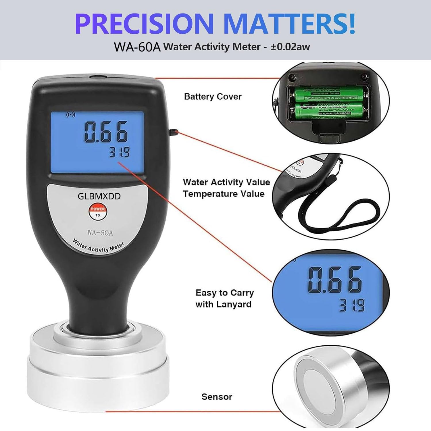 WA-60A Food Water Activity Meter Grain Moisture Tester Water Activity Meter Monitor LCD Display Measuring Range 0~1.0aw